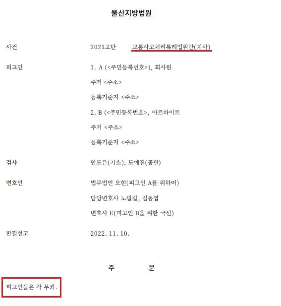 교통사고 사망 사건 무죄 판결문