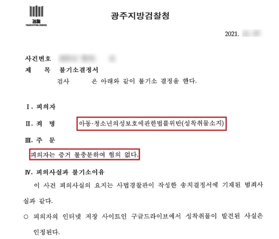 성착취물소지 증거불충분 무혐의 결정서