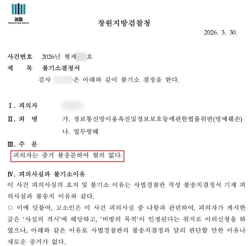 명예훼손 업무방해 혐의없음 결정서