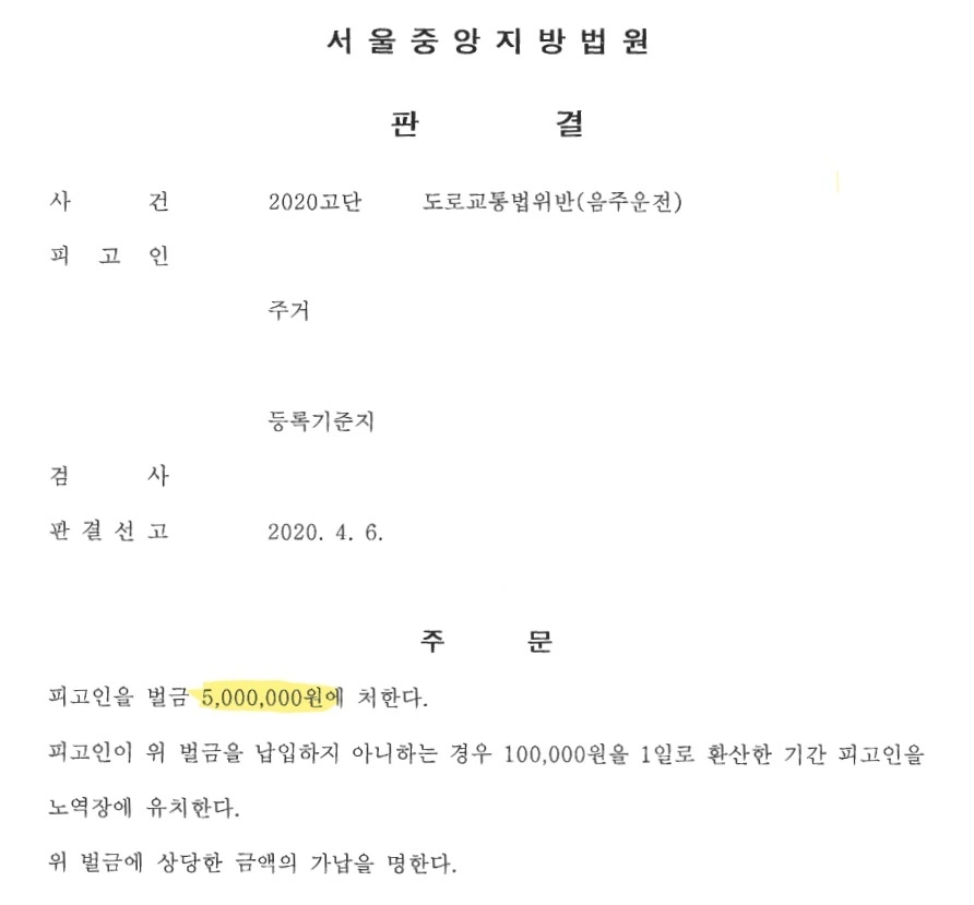 재심 전 음주운전 벌금 판결문