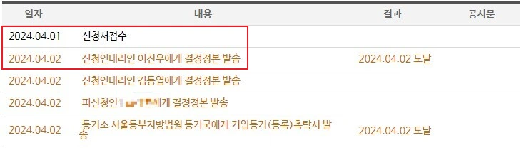 임차권등기명령 사건진행내용 조회 화면