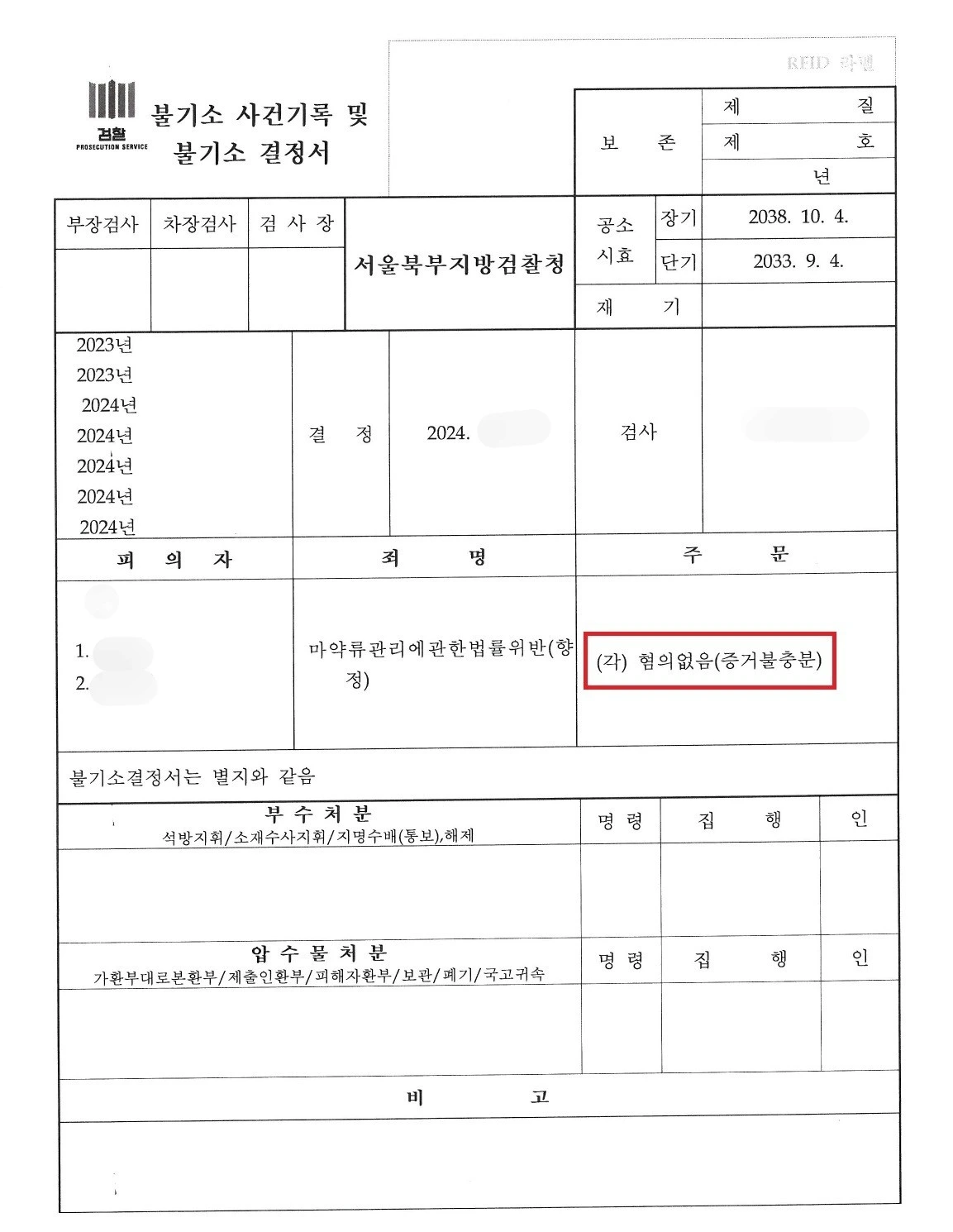 공무원 향정신성의약품 마약투약혐의 혐의없음 증거불충분 불기소결정서