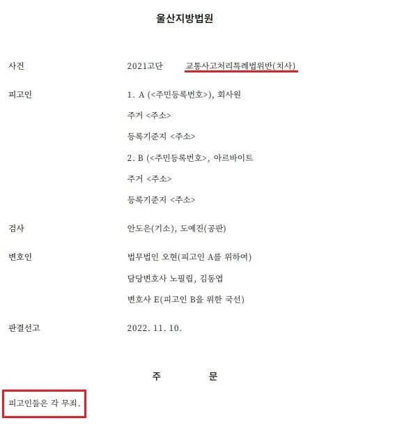 피해자 사망 교통사고 무죄 판결문